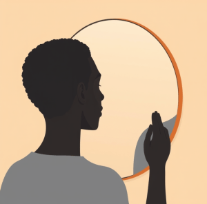 A person with short, curly hair stands in front of a round mirror, touching the surface with one hand while looking at their reflection.